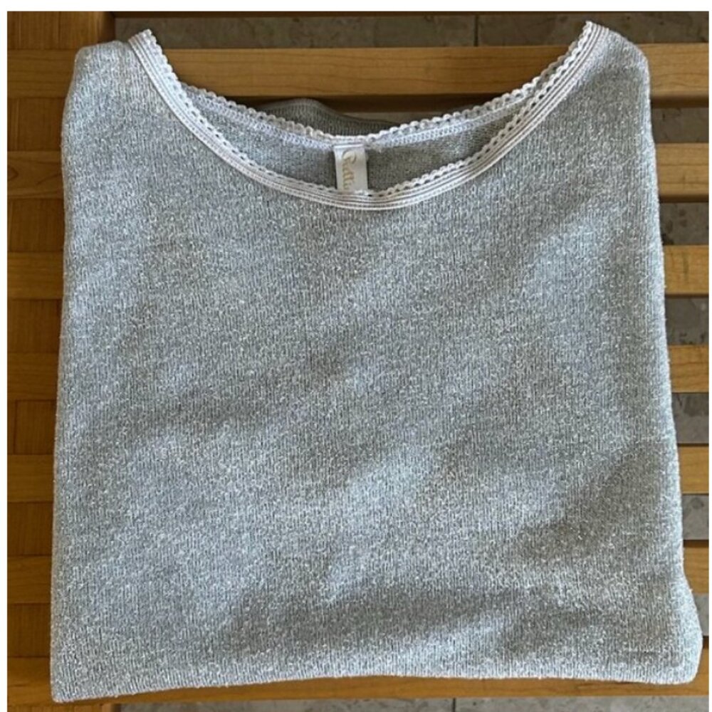 Silver Shimmer Knit Short Sleeve Top Lace Trim Neckline